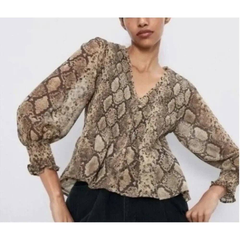 Zara Smock Ruffle Python Print V Neck Sheer Blouse Puff Long Sleeve S Brown Tan